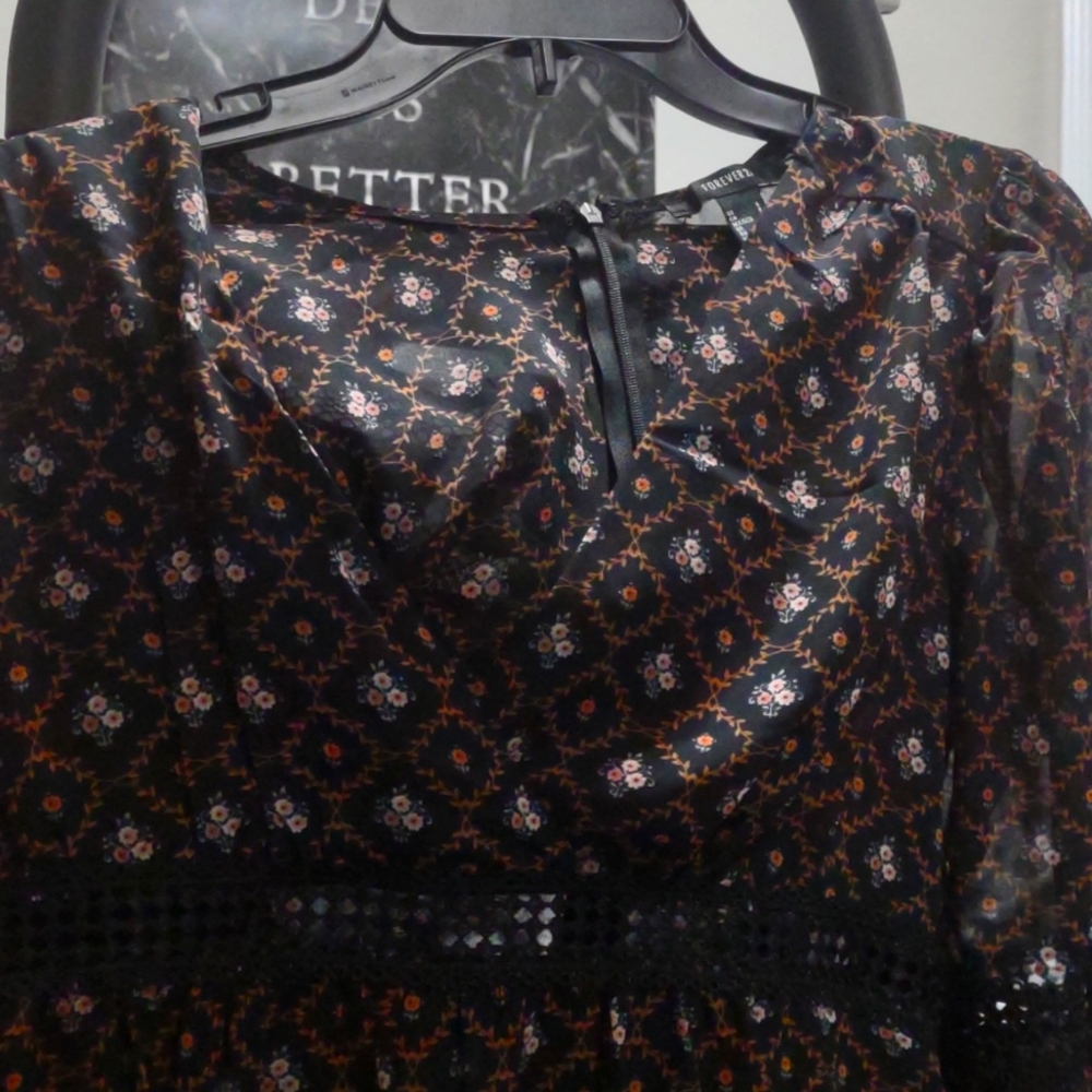 Forever21 Chiffon Floral Ornate Bell-Sleeve Mini Dress